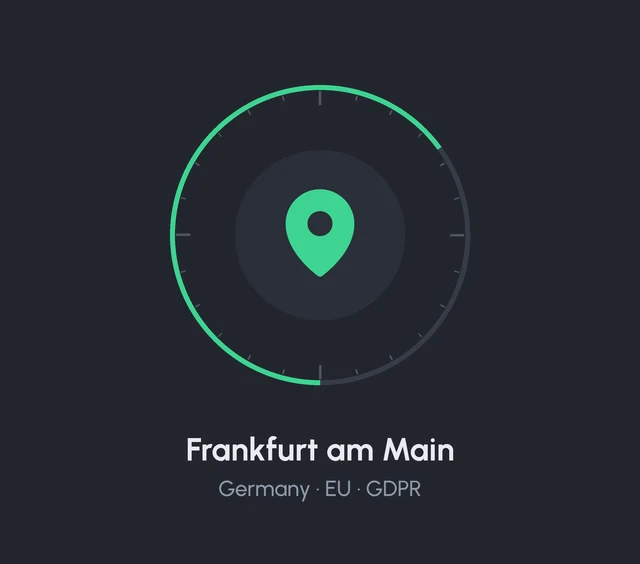 A map pin inside a clock: data stored in Frankfurt am Main, Germany A map pin inside a clock: data stored in Frankfurt am Main, Germany